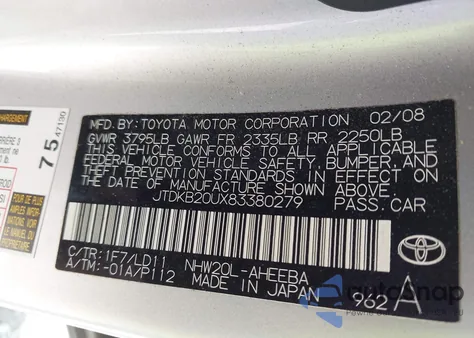 2008 Toyota Prius from USA, damaged, VIN JTDKB20UX83380279